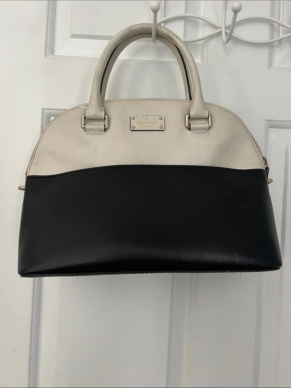 Kate Spade Two-Tone Black and Cream Leather Satchel 14W, 9L